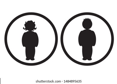 Vector silhouette of children on white background. Symbol of child, boy, girl, infant. Logo in round frame.