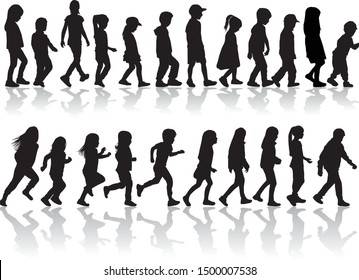 Vector silhouette of children on white background.