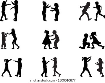 Vector silhouette of children on white background.