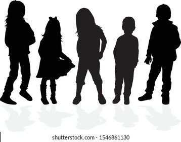 Vector silhouette of children on white background.