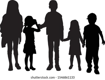 Vector silhouette of children on white background.