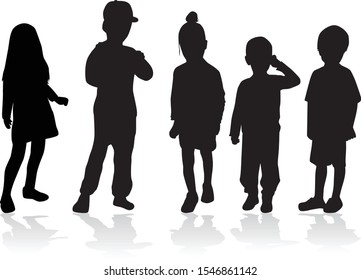 Vector silhouette of children on white background.