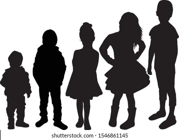 Vector silhouette of children on white background.