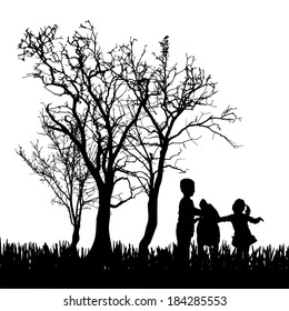 Vector silhouette of children on a white background.