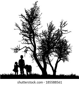 Vector silhouette of children on a white background.