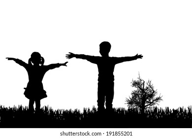Vector silhouette of children on a white background.