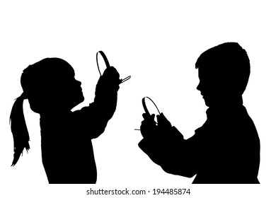 Vector silhouette of children on a white background.