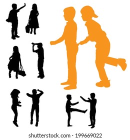 Vector silhouette of children on white background.