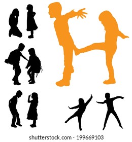 Vector silhouette of children on white background.