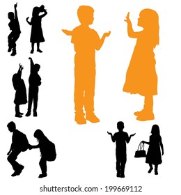 Vector silhouette of children on white background.