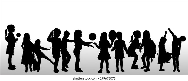 Vector silhouette of children on white background.