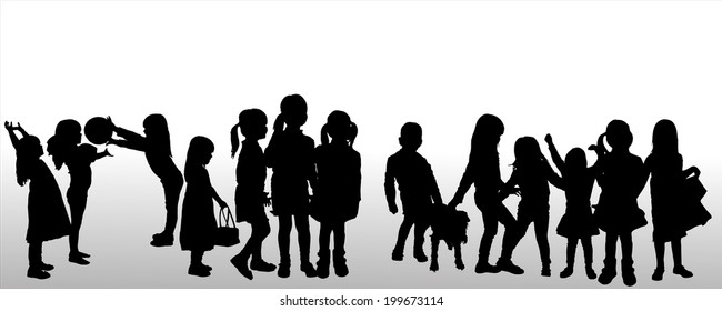 Vector silhouette of children on white background.