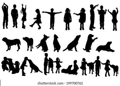 Vector silhouette of children on white background.