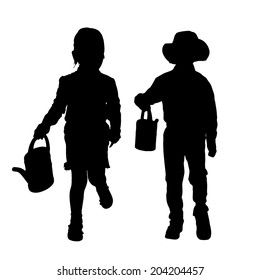 Vector silhouette of children on a white background.
