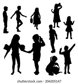 Vector silhouette of children on a white background.