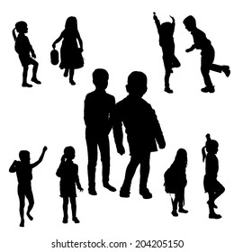 Vector silhouette of children on a white background.