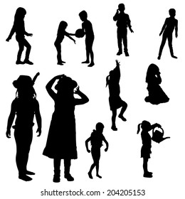Vector silhouette of children on a white background.