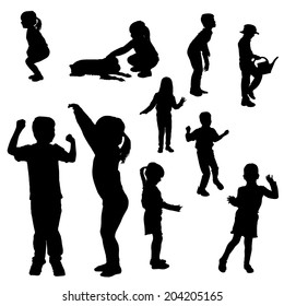 Vector silhouette of children on a white background.