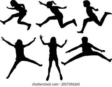 Vector silhouette of children on white background.	
