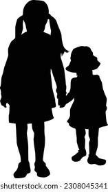 Vector silhouette of children on white background.	
