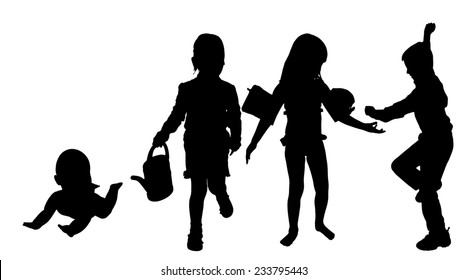 Vector silhouette of children on a white background.