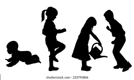 Vector silhouette of children on a white background.