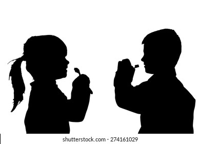 Vector silhouette of children on white background.