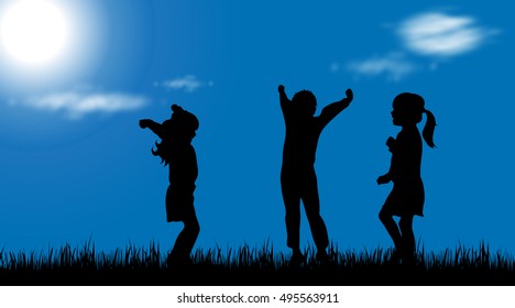 Vector silhouette of children on white background.