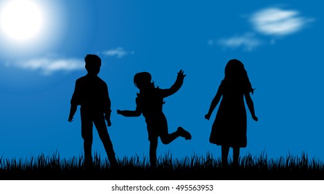 Vector silhouette of children on white background.