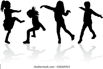 Vector silhouette of children on white background.