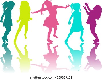 Vector silhouette of children on white background.