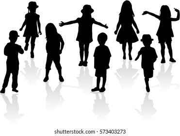 Vector silhouette of children on white background.