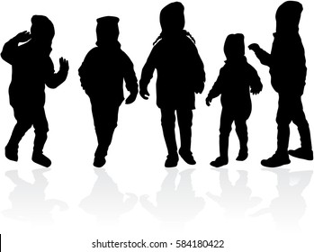 Vector silhouette of children on white background.