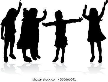 Vector silhouette of children on white background.