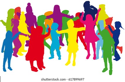 Vector silhouette of children on white background.