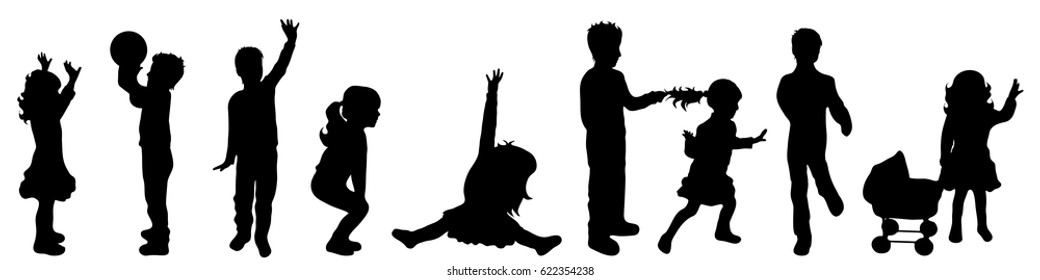 Vector silhouette of children on white background.
