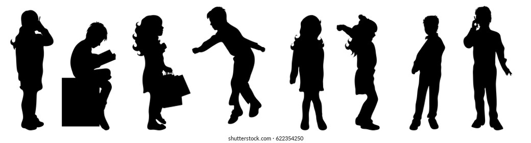 Vector silhouette of children on white background.