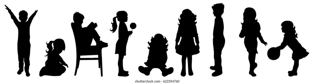 Vector silhouette of children on white background.