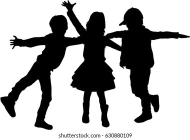 Vector silhouette of children on white background.