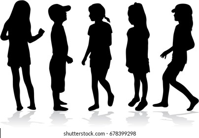 Vector silhouette of children on white background.