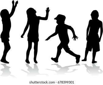 Vector silhouette of children on white background.