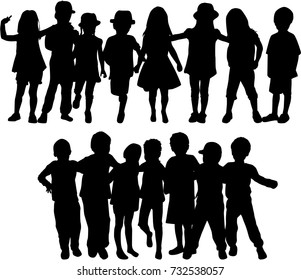 Vector silhouette of children on white background.