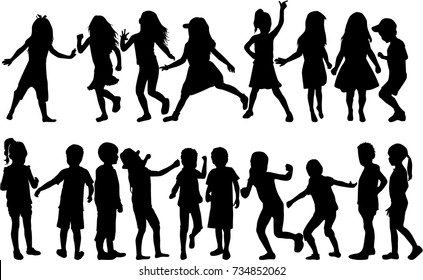 Vector silhouette of children on white background.