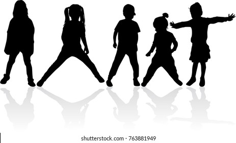 Vector silhouette of children on white background.