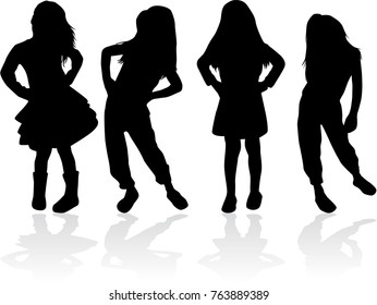 Vector silhouette of children on white background.