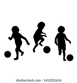 Vector silhouette of children playing soccer, isolated, grouped objects over white background