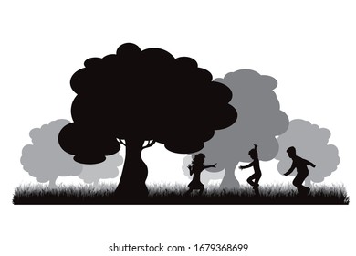 Vector silhouette of children playing under tree on white background. Symbol of nature and school.