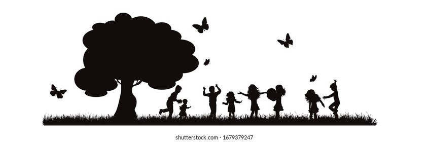 Vector silhouette of children playing under tree on white background. Symbol of nature and school.