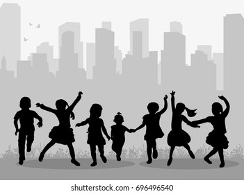 Vector, silhouette of children rejoice, jump on city background