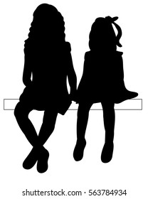 vector silhouette of children sitting, two sisters